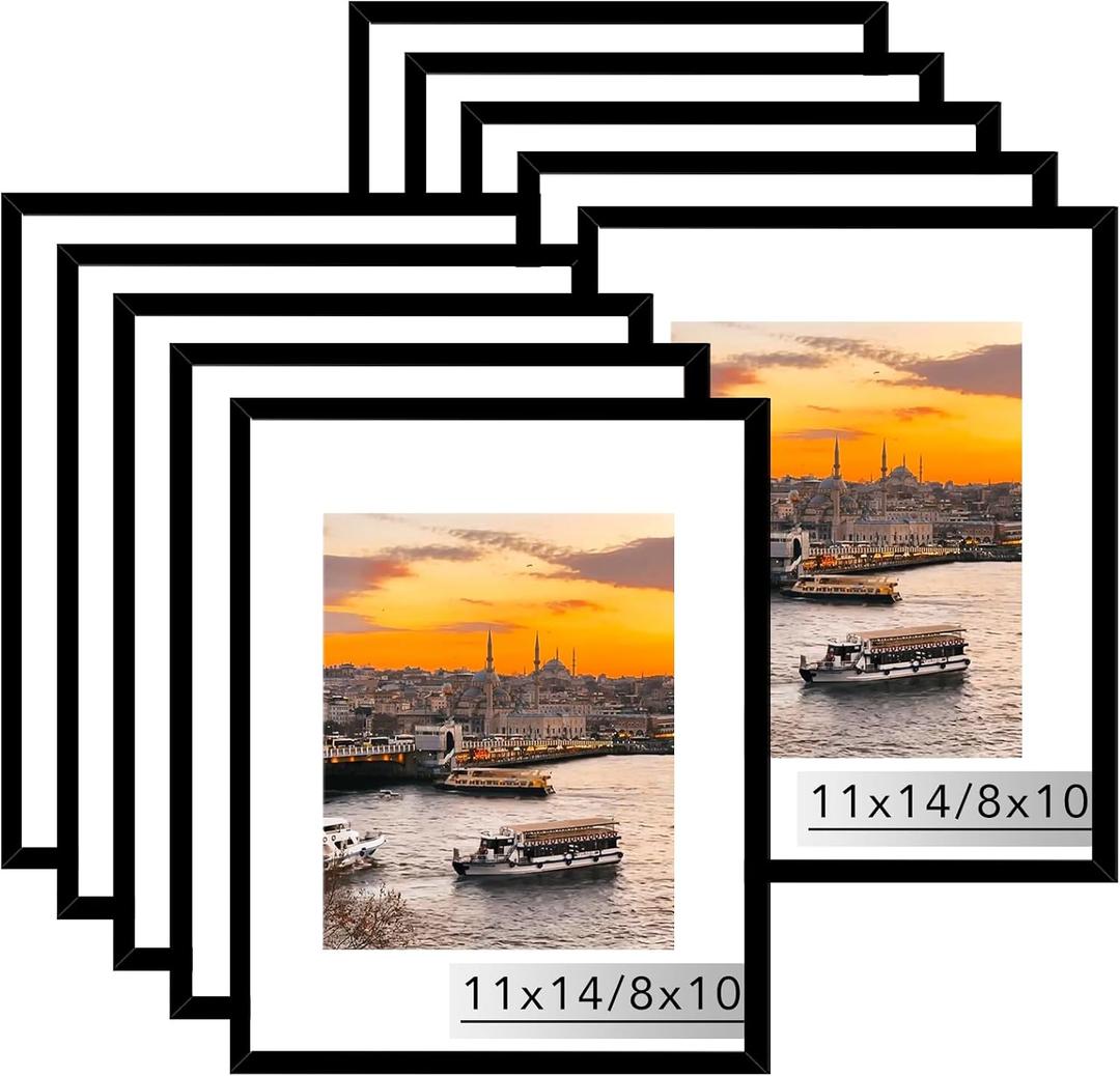 JCJMY 10 Packs 11x14 Picture Frame, Display 8x10 with Mat or 11x14 Without Mat, Black Gallery Wall Frame Set, 11 by 14 Frames Bulk Set of 10 Collage Wall Decor Photo Frames Set for Wall, Black