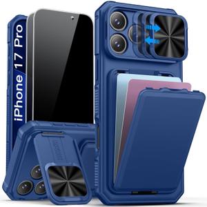 SSLOTSCASE for iPhone 17 Pro Case with 2X Privacy Screen Protector, Card Holder & Sliding Camera Lens Cover & Kickstand & Wallet, Silicone Edge Protective Phone Case Cover for iPhone 17 Pro 2025, Blue