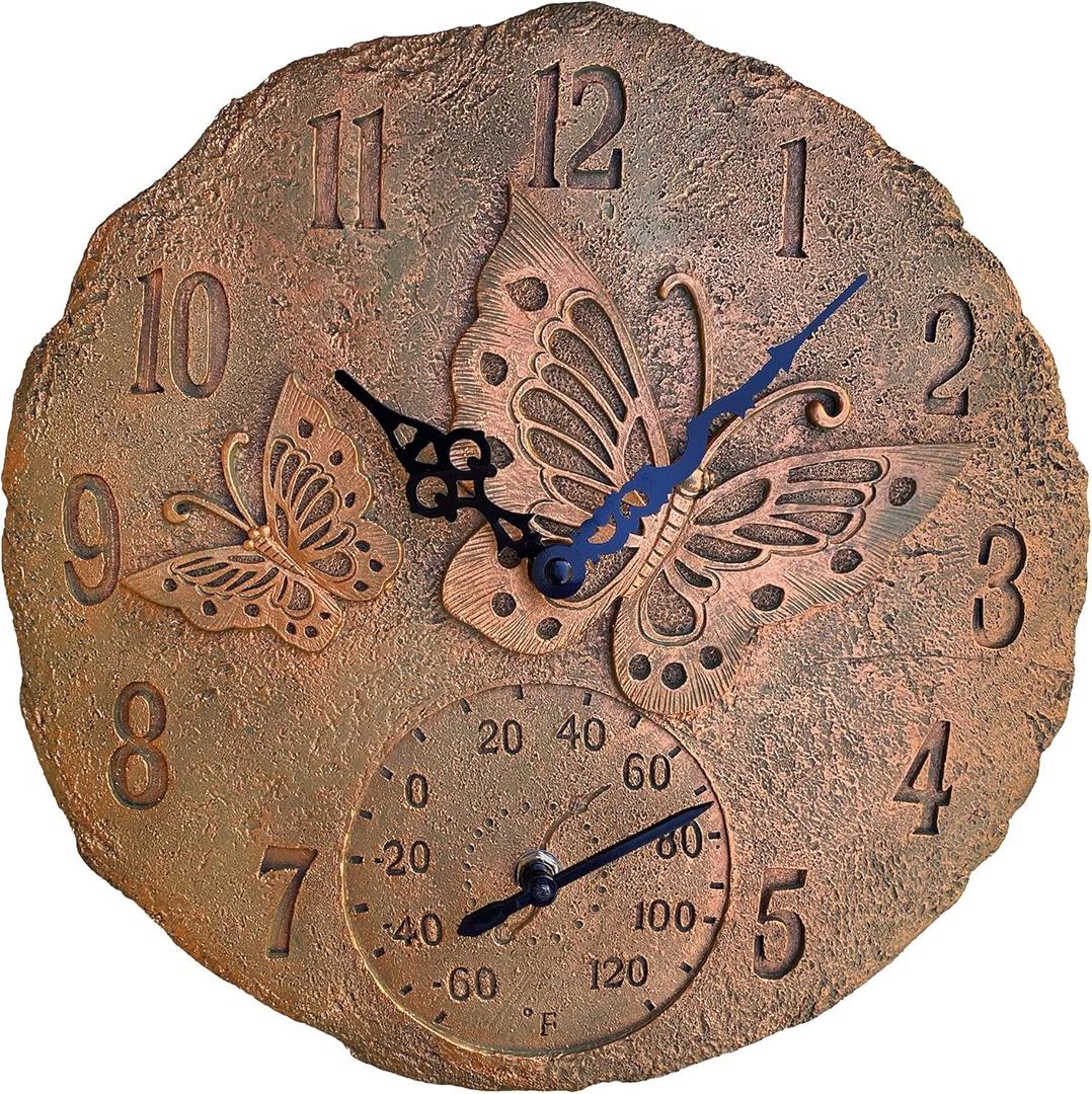 Lily's Home Hanging Wall Clock, Includes a Thermometer, Ideal for Indoor and Outdoor Use, Wonderful Housewarming Gift for Friends, or for Any Butterflies Lovers, Polyresin