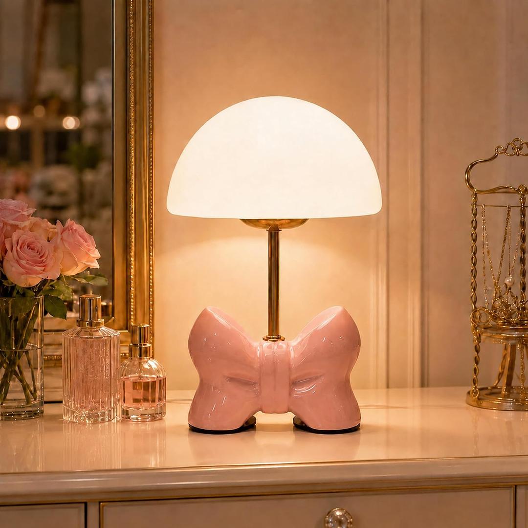Loscarol Pink Bow Table Lamp, 3-Color Dimmable Mushroom Night Light, 11 inch