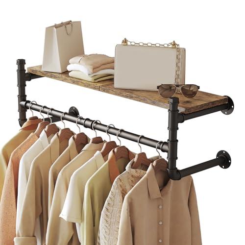OLDRAINBOW Industrial Pipe Clothing Rack with Shelves,Wall Mounted Clothes Rack with Shelf with Hanging Rod,30'' Pipe Shelving Floating Shelves Garment Rack