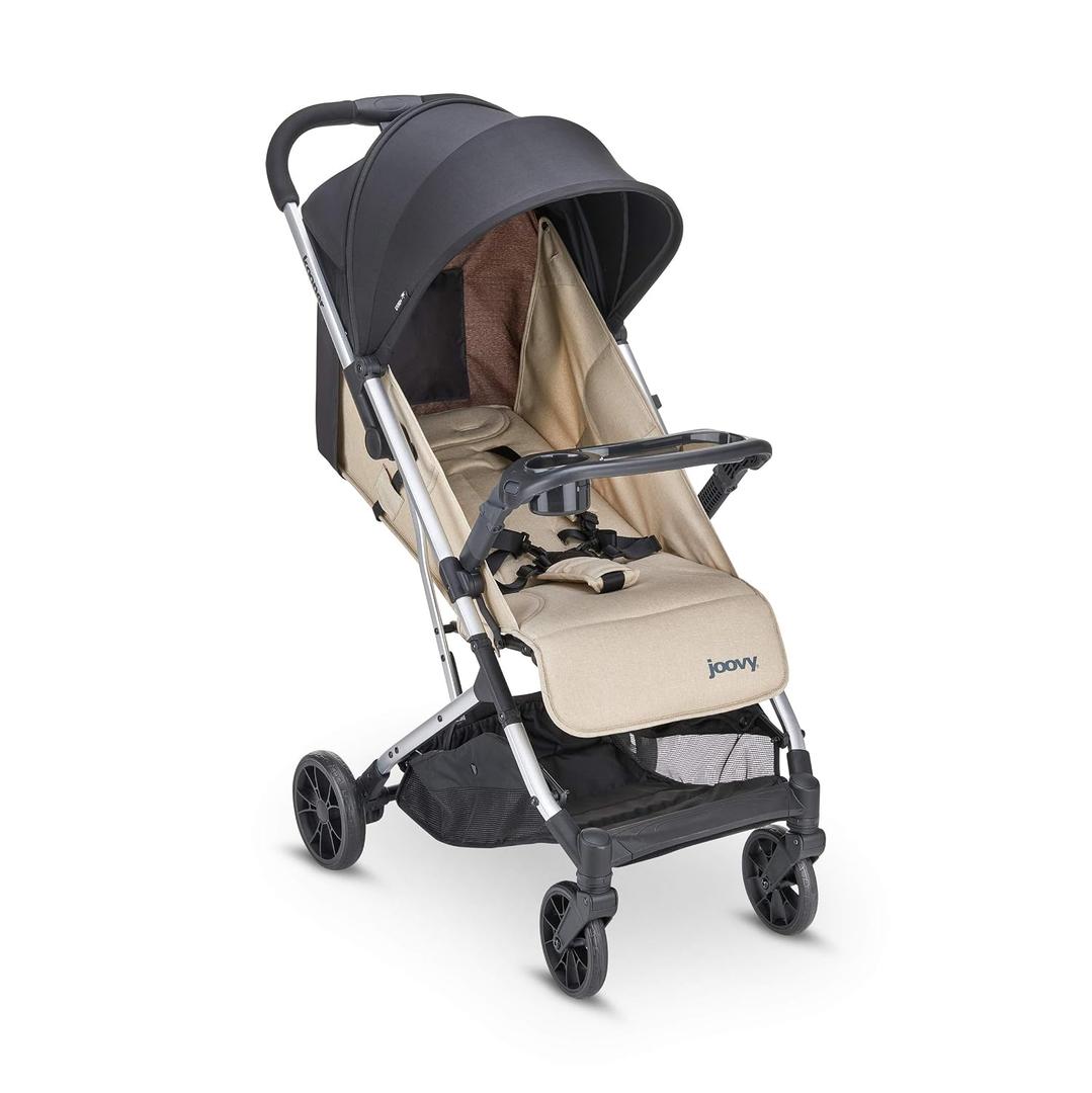 Joovy Kooper Lightweight Baby Stroller Featuring Removable, Swing-Open Tray, Big Wheels, Reclining Seat with Footrest, Extra-Large Retractable Canopy, and Compact Fold (Sand)