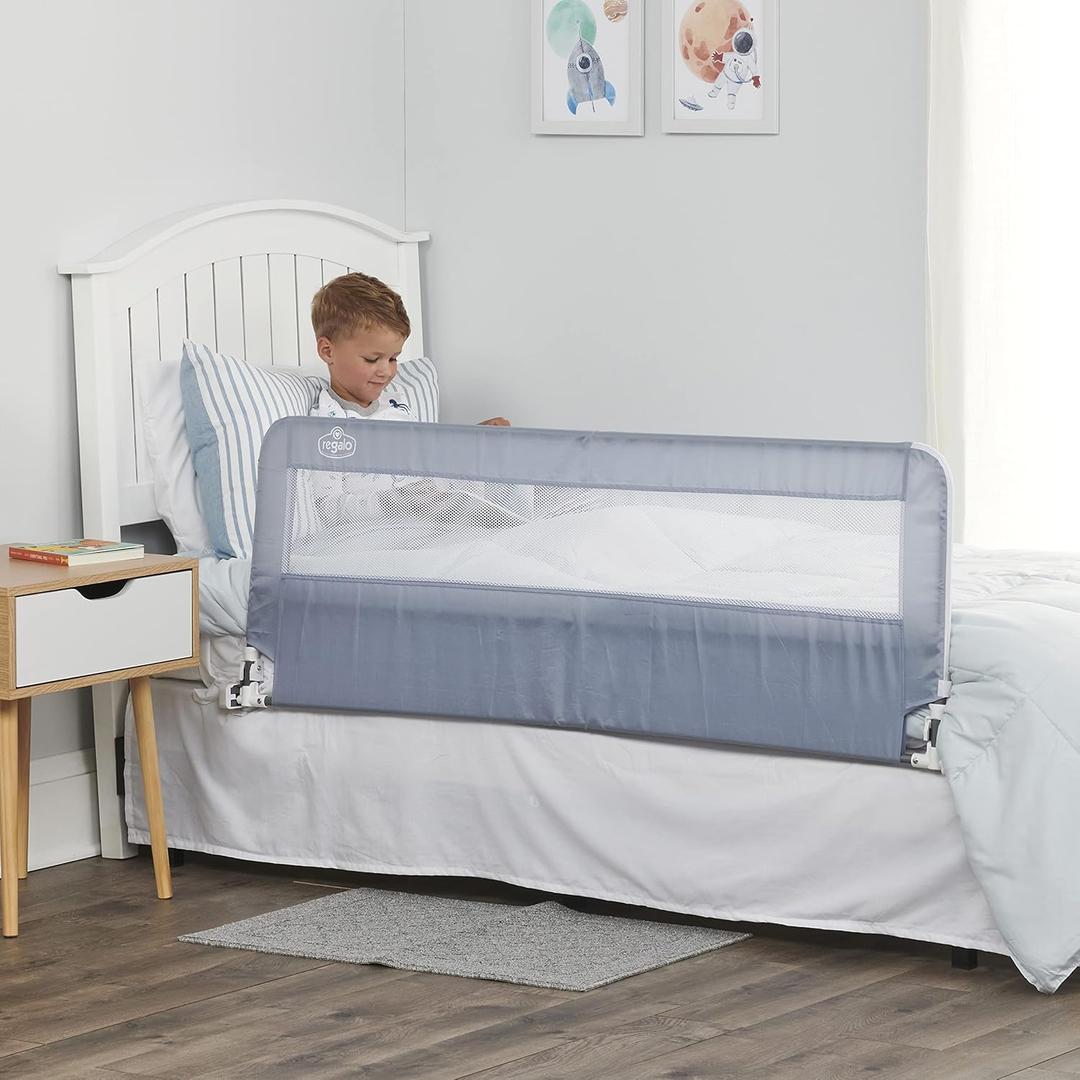 Regalo Safety 54 Extra Long Hideaway Bed Rail Guard for Toddlers, Toddler Bed Rail with Reinforced Anchor Safety System, 20 Tall Bed Safety Rail, Fits Twin, Full & Queen Beds, Gray