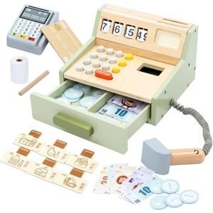 Wooden Toy Cash Register for Kids, Pretend Play Shop with Money Scanner and Credit Card, Montessori Toddler Grocery Cashier Role Play Educational Toy Preschool Learning Gift for Boys Girls Ages 3+