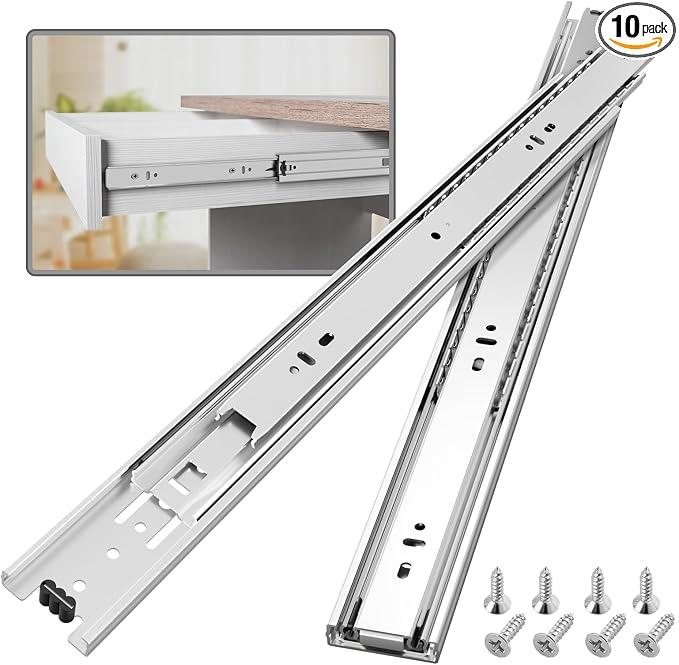 10 Pair Full Extension Ball Bearing Drawer Slides 8 10 12 14 16 18 20 22 24 Inch 100 LB Load Capacity Side Mount File Cabinet Rails Dresser Metal Runner Trash Can Kitchen (22 inch, Silver)
