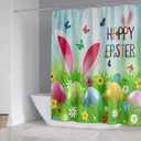 4 Pcs Easter Shower Curtain Set with Non-Slip Rugs, Toilet Lid Cover and Bath Mat, Cute Rabbit Ear Colorful Easter Eggs Shower Curtains with 12 Hooks (Green)