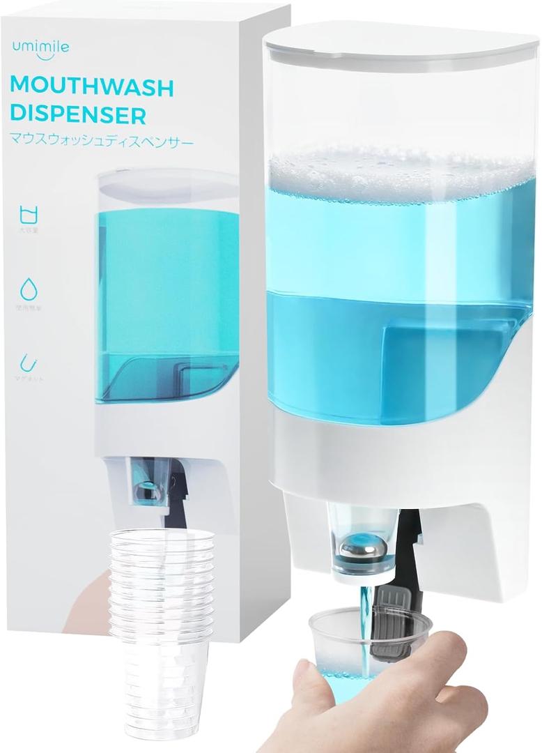 Umimile Mouthwash Dispenser for Bathroom, Plastic Mouthwash Dispenser Wall Mounted, 30.4oz(900ml) Mouthwash Container with 10Pcs Reusable Cups,White