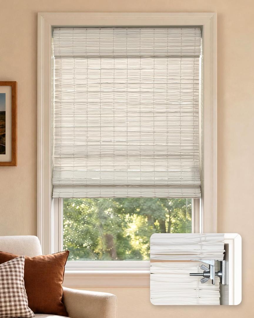 LazBlinds No Drill Cordless Roman Shades for Windows, 35" W x 48" H, White | Light Filtering Privacy Protection Thermal Insulation UV Blocking Natural Panama Weave Fabric Blinds for Windows