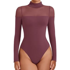 Avidlove Women's Long Sleeve Bodysuits Thong Turtle Neck Body Suit Mesh Going Out Leotard Tops One Piece (Large, Purple Red)