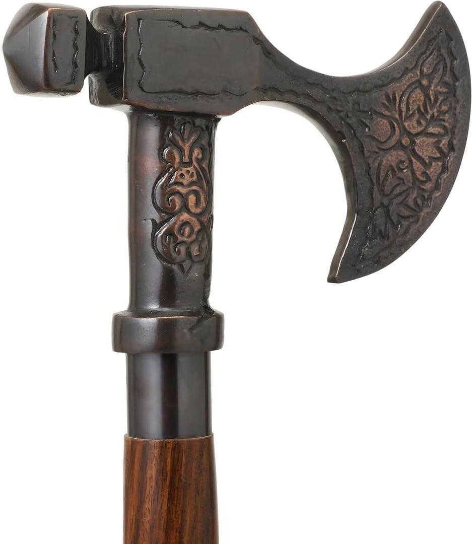 Bhartiya Vintage Axe Cane Walking Cane with Brass Inlay and Spiral Twisted Wooden Shaft, Antique Axe Head for Men & Women (Plane)