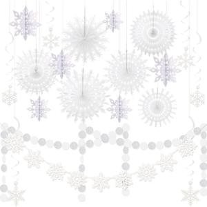 21 Pcs Winter Hanging Snowflake Decorations Pre-Strung Snowflake Garland Paper Banner Swirls Paper Fans for Wonderland Party Christmas Birthday Decor(White)
