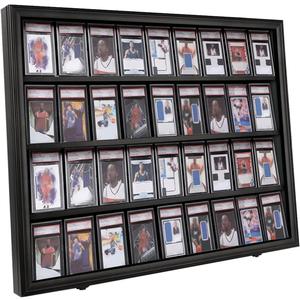 36 Graded Sports Card Display Case with UV Protection Lockable Wall Frame Cabinet for Basketball Football Baseball Hockey Trading Cards-Black Finish