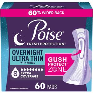 Poise Overnight Ultra Thin Incontinence & Postpartum Pads with Wings for Bladder Leaks, 8 Drop Extra Absorbent, Long Length, 60 Count (3 Packs of 20)