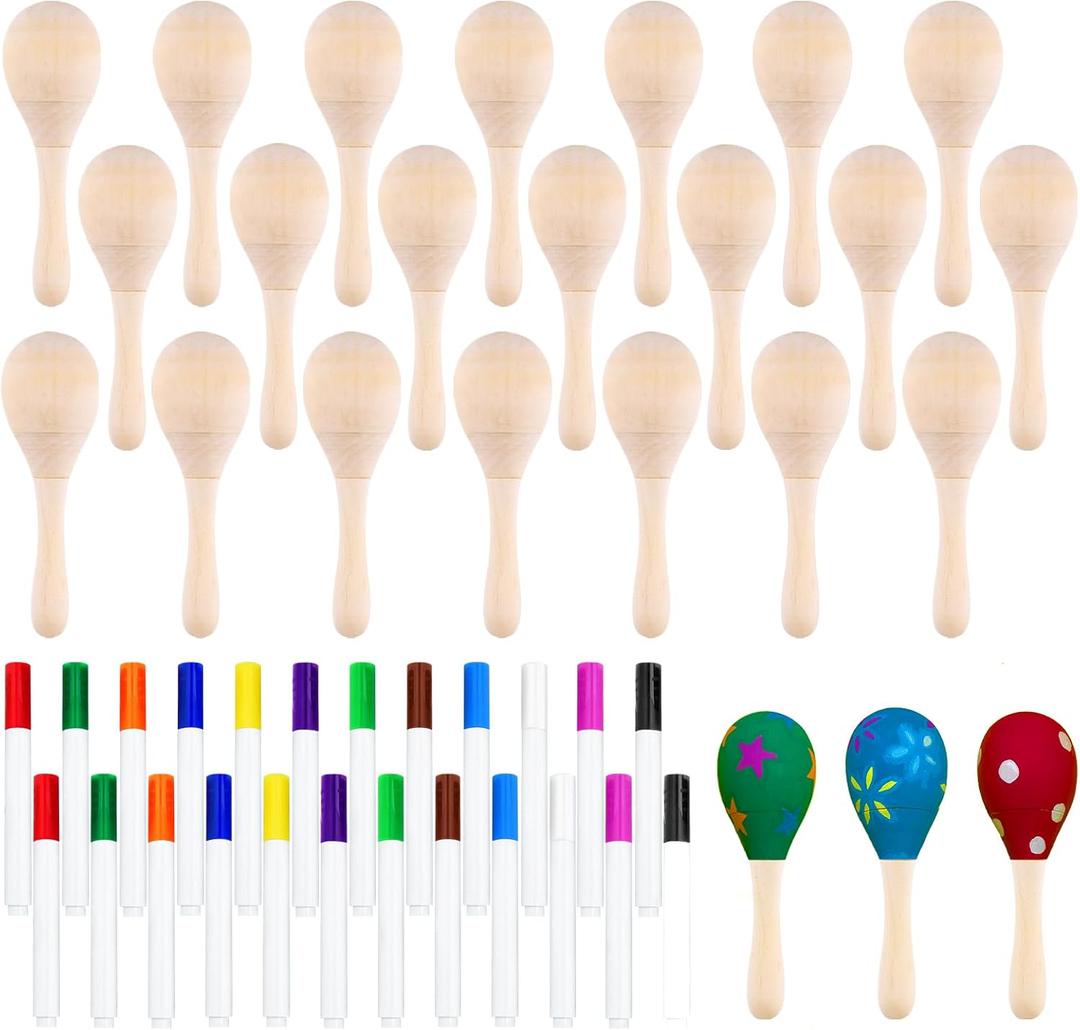 Morcheiong 24Pcs DIY Mini Wooden Maracas for Kids with 24Pcs Multicolor Pens, Fiesta Mexican Maracas Favors, Cinco De Mayo Party Supplies Decorations (Natural)