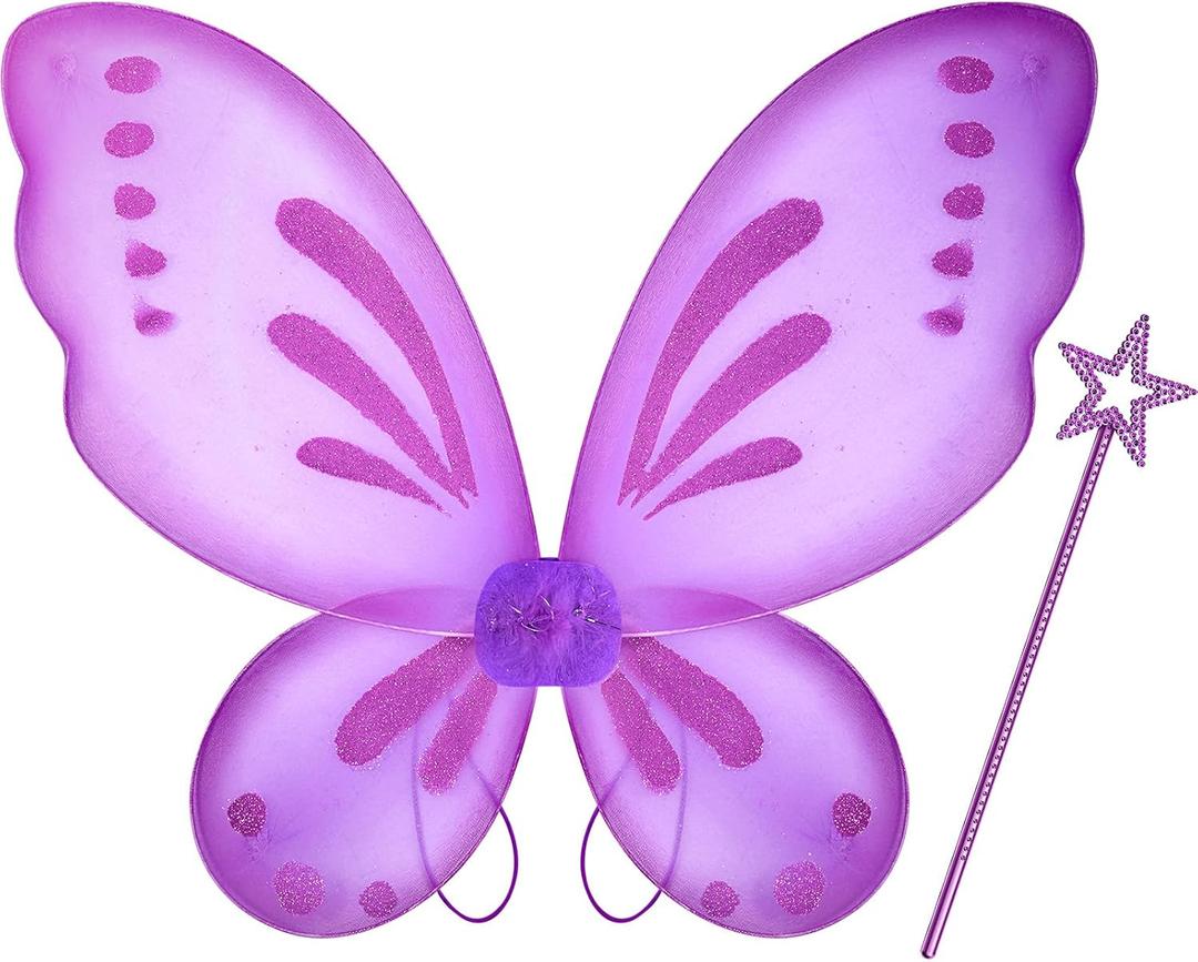 Sratte Fairy Princess Butterfly Wings Girls Kids Butterfly Costumes Set Star Wands Adults Christmas Birthday Party (Purple)