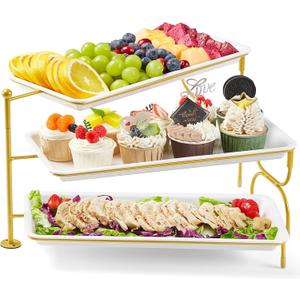 Lifewit 3 Tiered Tray Stand for Party Entertaining, 14"6.5" Serving Platters and Trays, Reusable Plastic Trays with Stable Gold Mental Stand for Veggie, Fruit, Cookies, Dessert