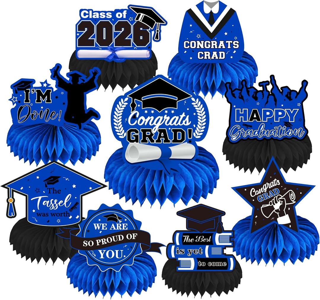 2 x 9Pcs Graduation Decorations Class of 2026 Blue and Black - Congrats Grad Honeycomb Centerpieces, Large Graduation Table Toppers for High School College Graduation Party Supplies 2026