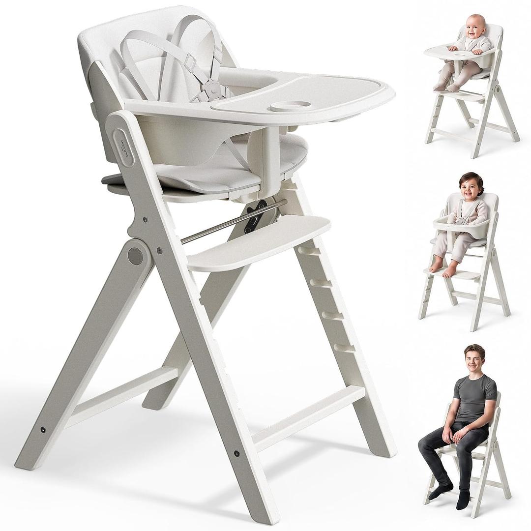 Mamazing GrowPod Pro Wooden Baby High Chair for 6 Months to 220lbs | Easy to Clean with Dual Tray, Compact Foldable Highchair for Kitchen & Dining Room, 5-Point Safety Harnesses and Guard Bar