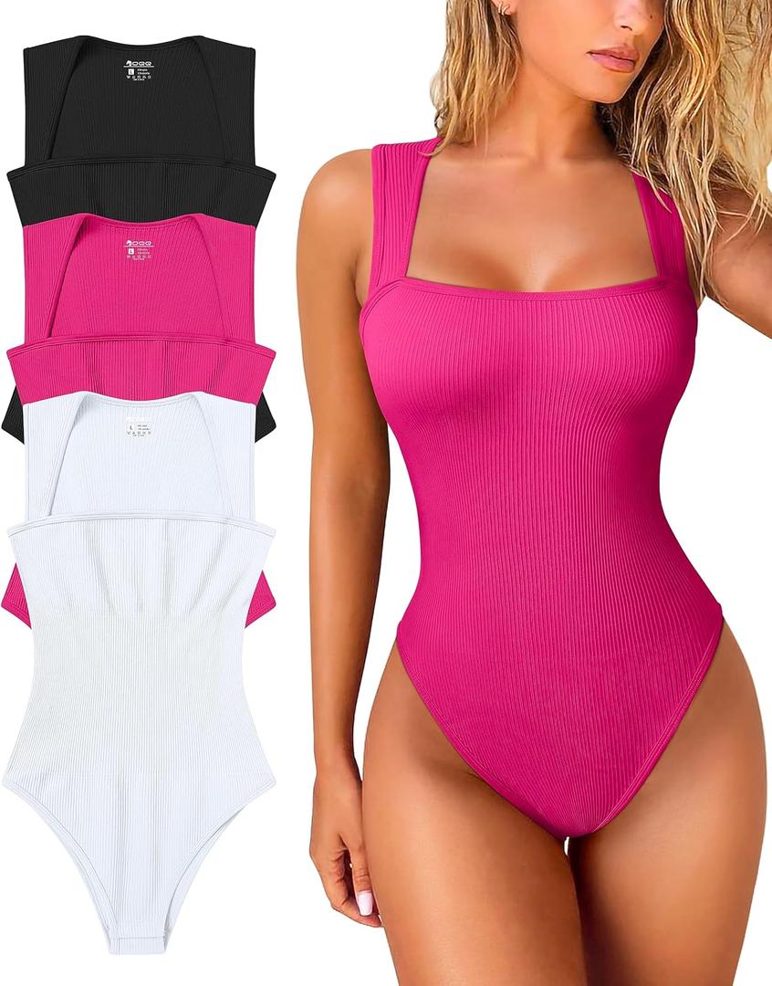 OQQ Women's 3 Piece Bodysuits Sexy Ribbed Strappy Square Neck Sleeveless Tummy Control Tank Tops Bodysuits Size M