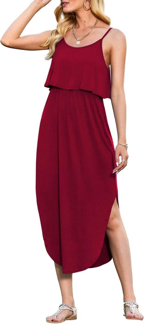LILBETTER Women's Adjustable Strappy Split Summer Beach Casual Midi Dress (Large, 01 Red)