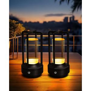 Set of 2 Cordless Table Lamps, LED Rechargeable Battery Operated Desk Lamps with 3 Color Stepless Dimmable, Small Light Portable for Outdoor Patio Bar Restaurants Bedroom Bedside (Black)