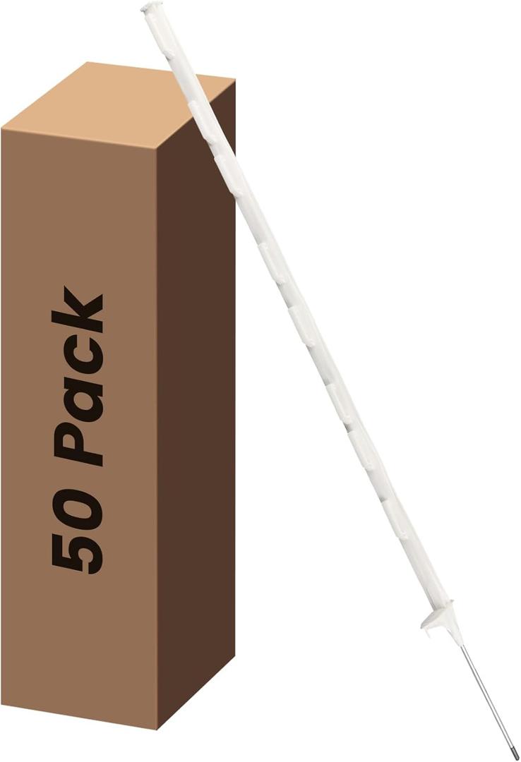 Electric Fence Posts 50 PCS, 48 Inch Step in Fence Post, White Temporary Plastic Fence Post for Patio, Garden, Orchard, Farm Protection
