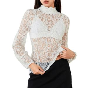 Women's Long Sleeve Floral Lace Top Sexy See Through High Neck Slim Fitted T Shirt Y2k Going Out Sheer Blouse (White, S)