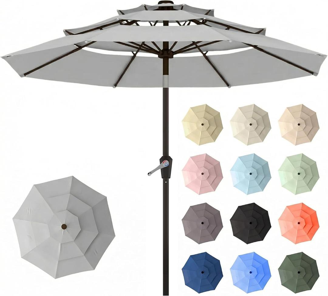 10ft Patio Umbrella, 3 Tier Outdoor Market Table Umbrellas with 8 Fiberglass Ribs and Push Button Tilt, Windproof, Vented Canopy, UV Protection for Deck, Pool, Backyard