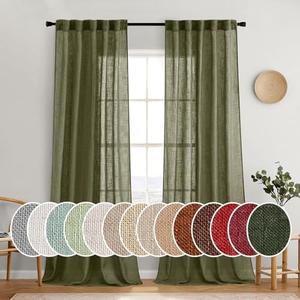 MIULEE Light Olive Green Linen Curtains 90 Inch Long 2 Panels for Bedroom Living Room, Soft Linen Textured Natural Window Drapes Semi Sheer Light Filtering Back Tab Rod Pocket Burlap Look Decor