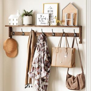 AMBIRD Coat Rack Wall Mount, 35 Inch Extra Long Wall Hooks with Hanging, Wooden Shelf with 7 Metal Hooks 2 Side Hooks, Wall Key Holder with Shelf in Entryway, Kitchen, Bathroom, Living Room, Bedroom (35" L, Brown)