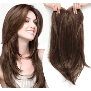 Ms Taj Hair Toppers for Thinning Hair 20inch Dark golden brown with highlights Long Layered Hair Toppers for Women Synthetic Add Volume Natural Straight Clip in Hair Pieces for Women