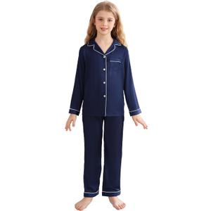 Veseacky Match With Family Satin Pajamas Holiday Homewear Satin Silk Button Down PJ Set (Navy blue, 150)