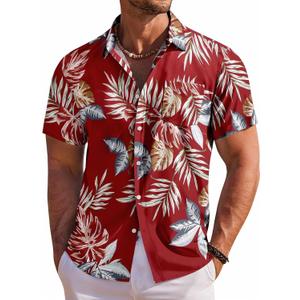 COOFANDY Mens Hawaiian Shirt Short Sleeve Button Down Shirt Summer Beach Shirt, Red - Tropical Leaf, X-Large