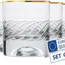 Biandeco Gold Rimed Whiskey Glasses | Set of 3| Handmade Etched Design, Heavy Base Old Fashioned Rocks Tumblers, Unique Lowball Bar Glassware for Drinking, 7 oz