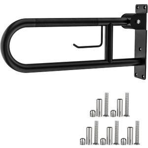 ZUEXT 24 Inch Matte Black Flip-Up Foldable Toilet Grab Bar w/Paper Holder