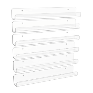 upsimples 6 Pack Clear Acrylic Shelves, 1.7" x12" Nursery Bookshelves, Small Floating Bookshelf for Kids Baby, Vinyl Wall Mount, Record Holder, Magazine Rack, Comic Display, Picture Ledge Shelf Décor