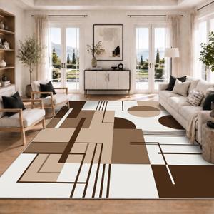 8x10 Washable Area Rugs: Modern Geometric Rug for Living Room, Large No-Shedding Low-Pile Faux Wool Carpet, No-Slip Indoor Decor Rugs for Nursery Dinner Room Office Playroom Dorm(Bauhaus Brown)