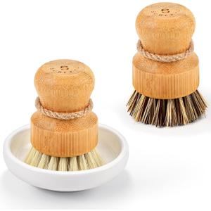 SUBEKYU Bamboo Dish Scrub Brushes, Kitchen Wooden Cleaning Scrubbers Set for Washing Cast Iron Pans/Pots, Set of 2 (Regular size, Ceramics Base+1p Sisal+1p Palm)