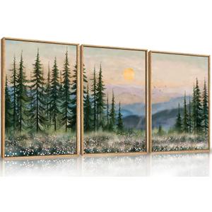 Boho Sunset Forest Framed Canvas Wall Art Set,Colorful Nature Landscape Green Pine Tree Wall Decor, Modern Watercolor Mountain Artwork for Living Room,Bedroom,Office-16 x24 x3