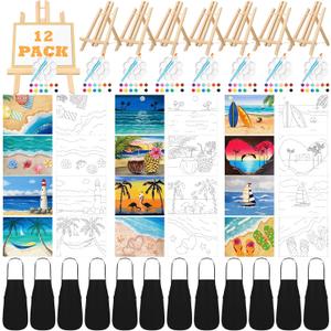 Motipuns 12 Set Pre Drawn Canvas for Painting for Adults Sip and Paint Kit with Easels 8 x 10 Inches Paint Party Kit with Printed Canvas Paints Brushes Palette Bag Apron (Beach)