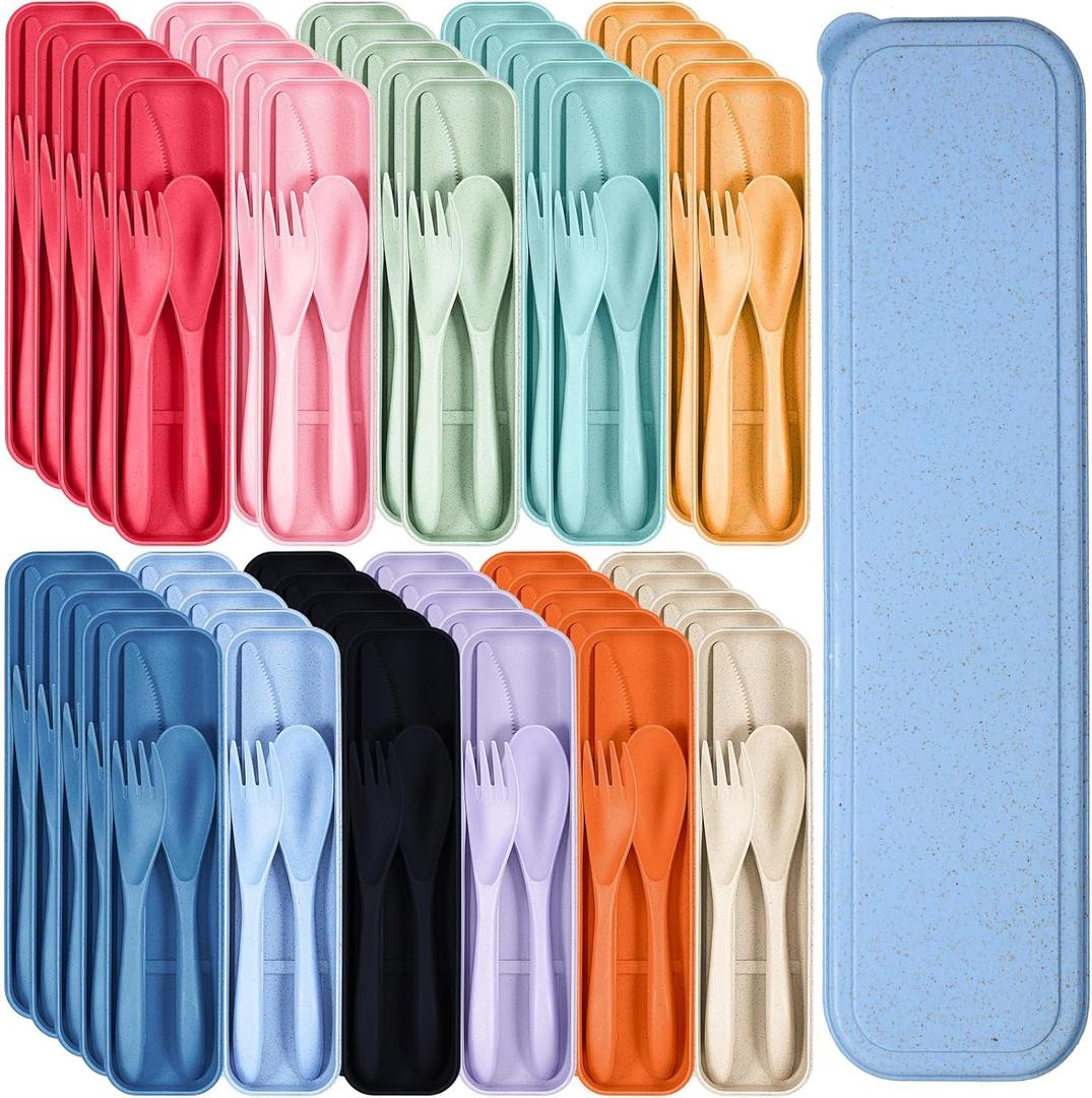 Yahenda 55 Sets Reusable Travel Utensils Set with Case Wheat Straw Cutlery Portable Spoon Knife Fork Tableware Lunch Box Bulk for Adults Travel Picnic Camping Utensils Gifts (Colorful Colors) (pink, blue, green, yellow, beige, orange, purple, dark blue, dark green, black, red)