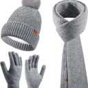 Women Winter Warm Hat Scarf Gloves Set, Touchscreen Gloves Beanie Hat Thick Scarf Set, 3 Pieces Warm Winter Gift (Gray)