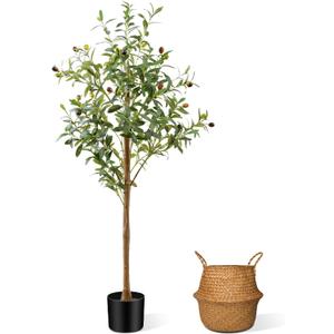 CyanGrove 4FT Artificial Olive Tree Indoor, Tall Faux Olive Tree with Pot&Basket, Large Fake Olive Tree with Realistic 576 Silk Leaves and 32 Fruits for Living Room Home Office Decor