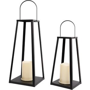 HPC Decor 2PCS Solar Lanterns for Outdoor Decor-20in 15.6in Black Metal Candle Lanterns w/ Waterproof Solar Powered Candles- Modern Farmhouse Hanging Decor for Front Porch,Yard Garden Patio