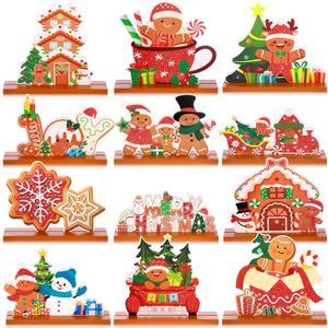 Marsui 12 Pcs Christmas Gingerbread Table Decorations Wooden Christmas Tabletop Centerpieces Duplex Printing Gingerbread Man House Snowflake Centerpieces for Holiday Xmas Dinner Party Decor, 12 Style
