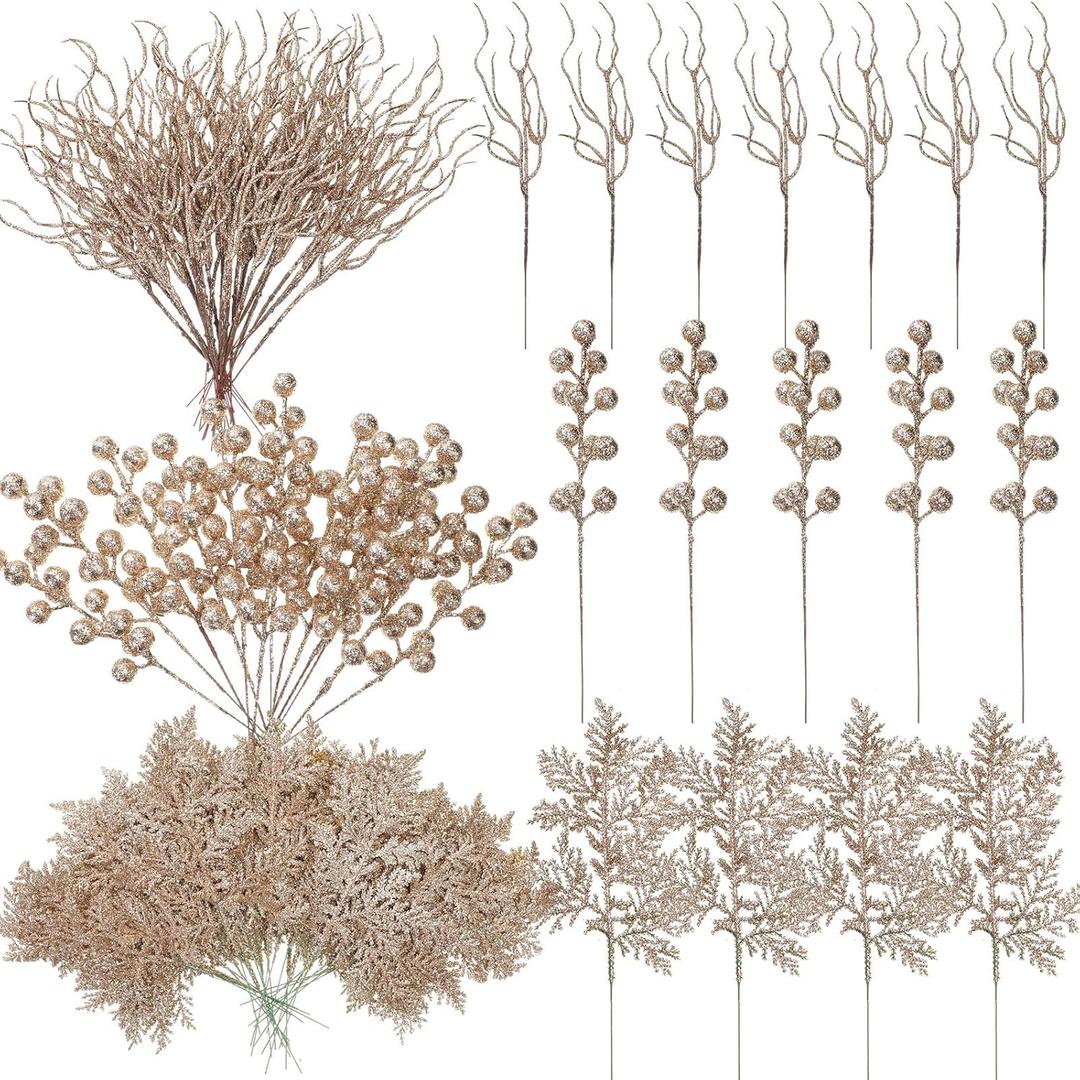 75 Pcs Halloween Glitter Branches 3 Styles Artificial Christmas Picks Berries Stems Pine Needles Floral Twig Spray for Xmas Tree Ornaments DIY Wreath Garland (Champagne Gold)
