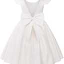 Uhnice Flower Girl Satin Dress with Pearls Flutter Sleeves V Back Gown with Removable Bow for Wedding Birthday Party (4-5T)