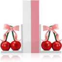 2 Pcs Pink Bow Cherry Bookends Wooden Pink Bookends Shelves Coquette Room Decor Cute Cherry Figurine Book Ends Bow Nursery Decoration for Bedroom Home Office Nursery Birthday Gift