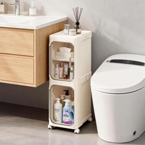 LXLXXL Narrow Storage Cabinet Slim Bathroom Storage Cabinet with Movable Wheels Tall Bathroom Organizer Skinny Cabinet for Small Spaces 2-Tier Beige