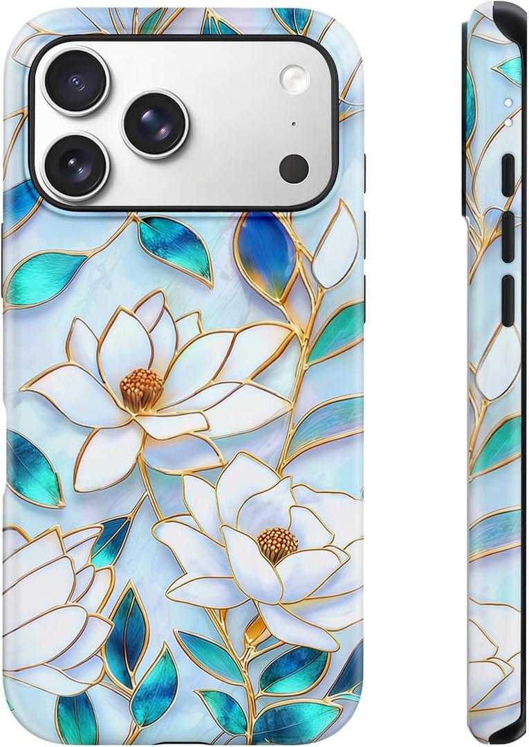 Floral Design Phone Case for iPhone 17 Pro, Wireless Charging Compatible Dual-Layer Hard Shell + Silicone Cover Designs for Girl Women Blue Flower